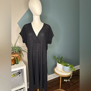 Eileen Fisher L Black Wool Midi Dress Textured Knit Wrap V-Neck Size Large